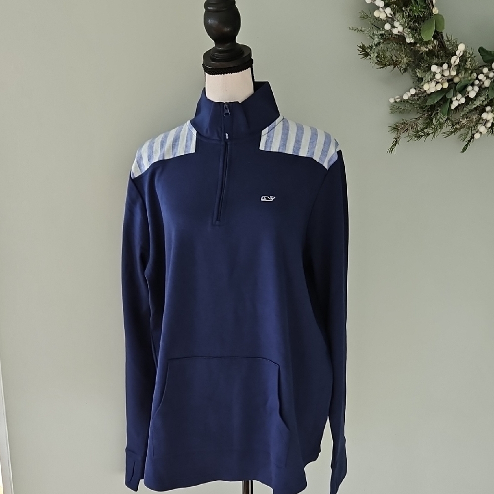Vineyard Vines Mens Navy Blue 1/4 Zip Up Sweatshirt with Athletic Flair Large
